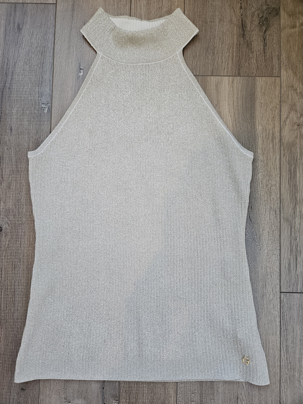 Guess Metallic High-Neck Sleeveless Knit Tank - Cream/Gold